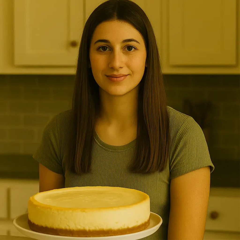 Adalin Rol holding a classic New York cheesecake