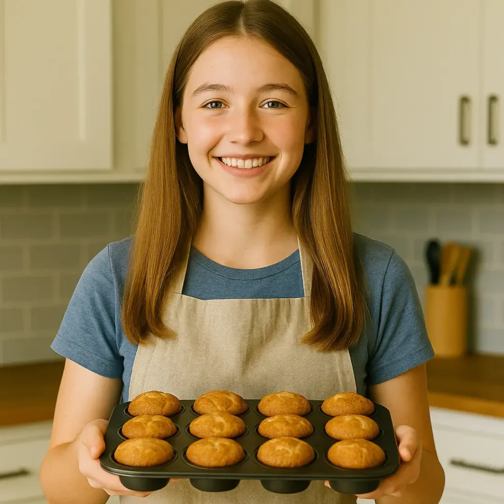 Elsie Rol holding a muffin tin with freshly baked muffins