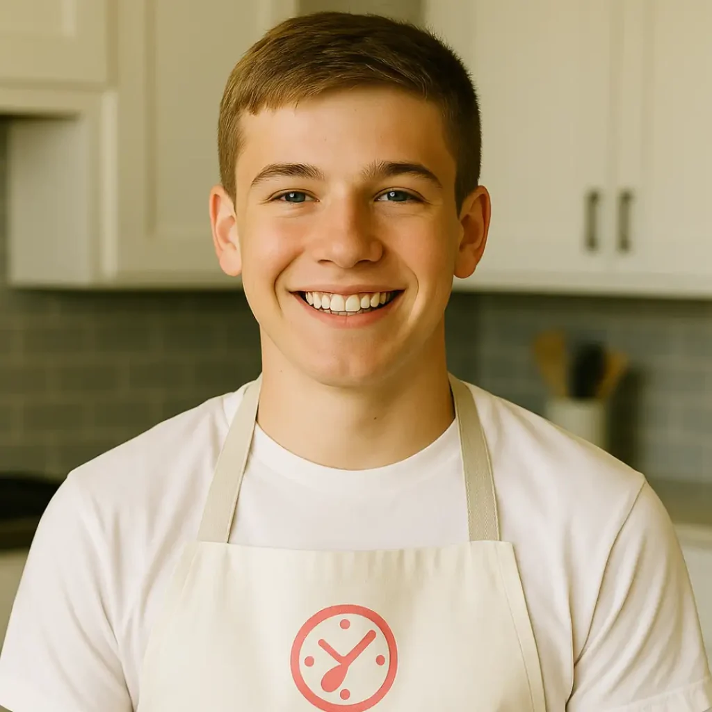 Jolly Rol smiling in the kitchen wearing a Recipe Any Time apron