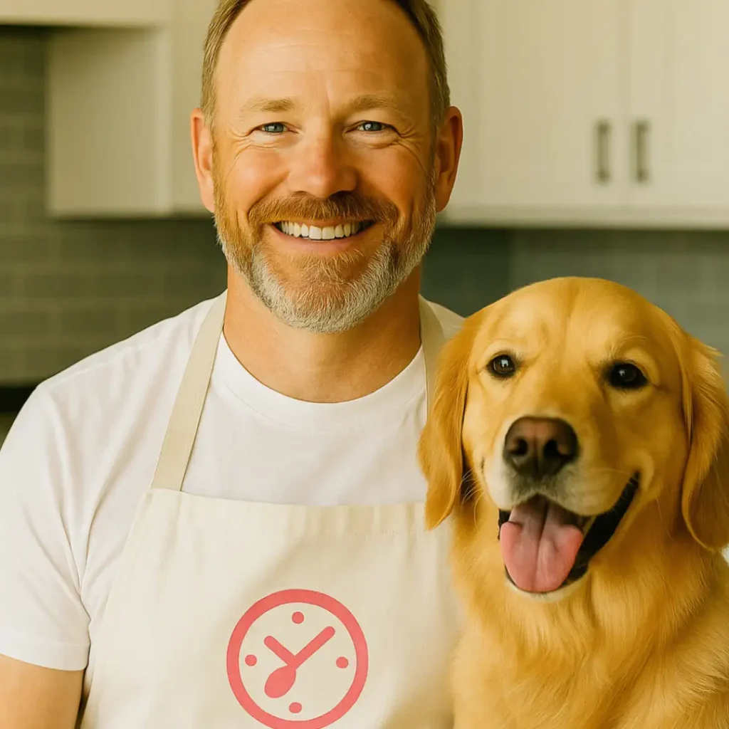 Steve and Max the dog smiling in the Recipe Any Time kitchen