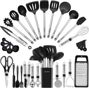 Complete stainless steel and silicone kitchen utensil set with holder, including spatulas, spoons, tongs, whisks, grater, measuring spoons, and more.