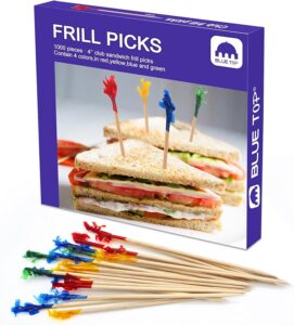 Box of colorful 4-inch frill sandwich picks with sandwiches and loose picks displayed.