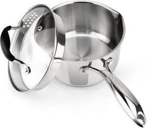 Stainless steel saucepan with a strainer lid and ergonomic handle.