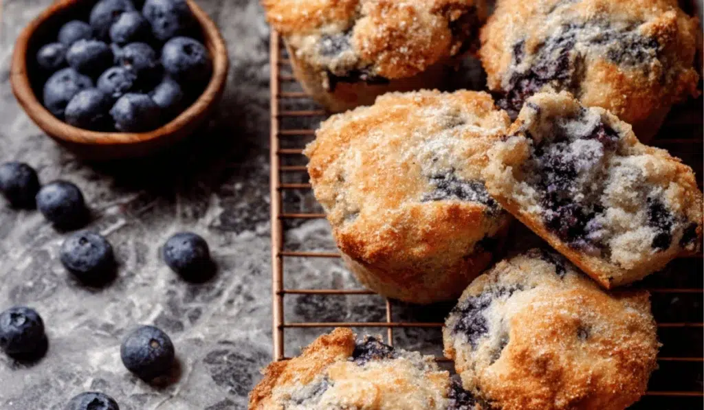Freshly baked bakery-style blueberry muffins on a cooling rack with scattered blueberries.