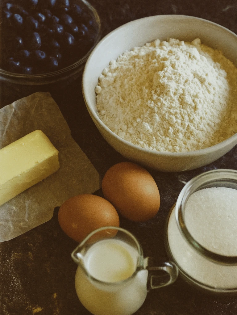 Baking ingredients for blueberry muffins arranged on a dark countertop.