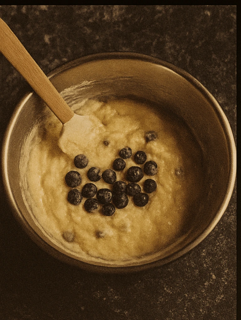 Muffin batter with fresh blueberries being folded in with a spatula.
