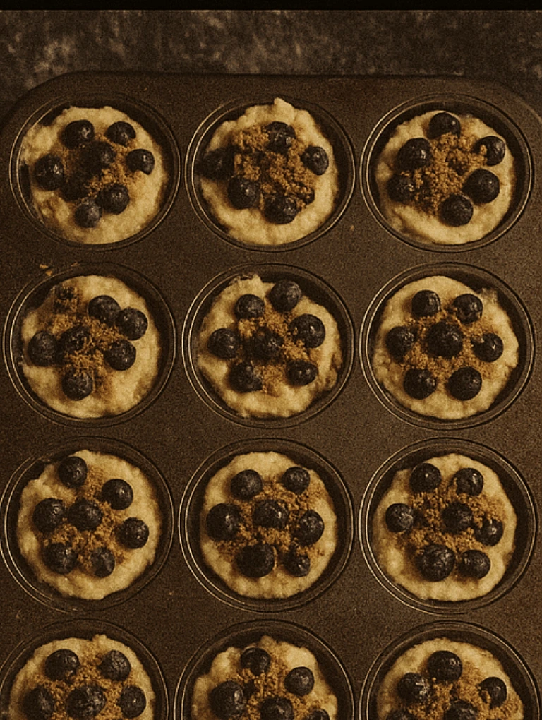Muffin tray filled with batter and topped with blueberries and sugar