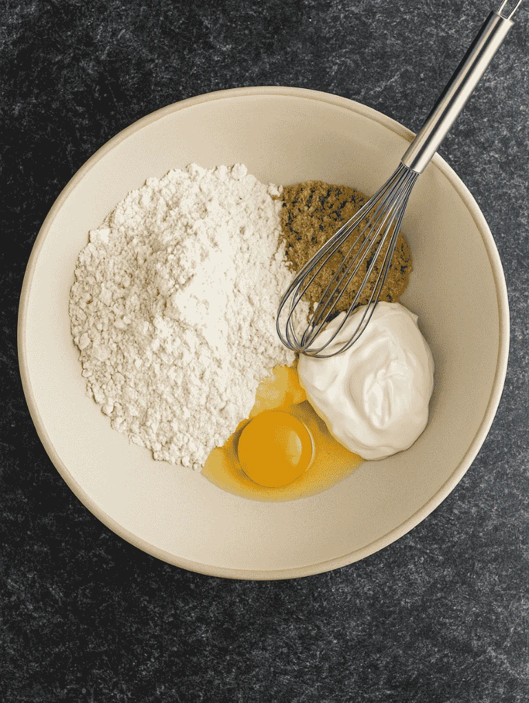 Mixing bowl with sour cream, egg, Bisquick, and brown sugar