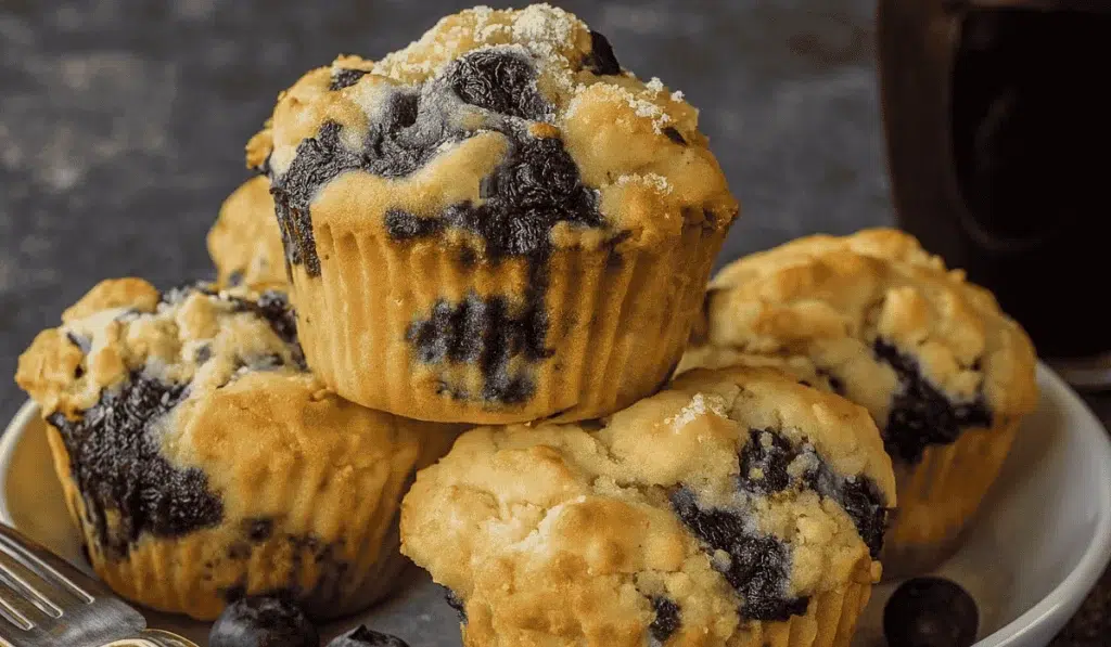 Bakery-style Bisquick blueberry muffins on a plate