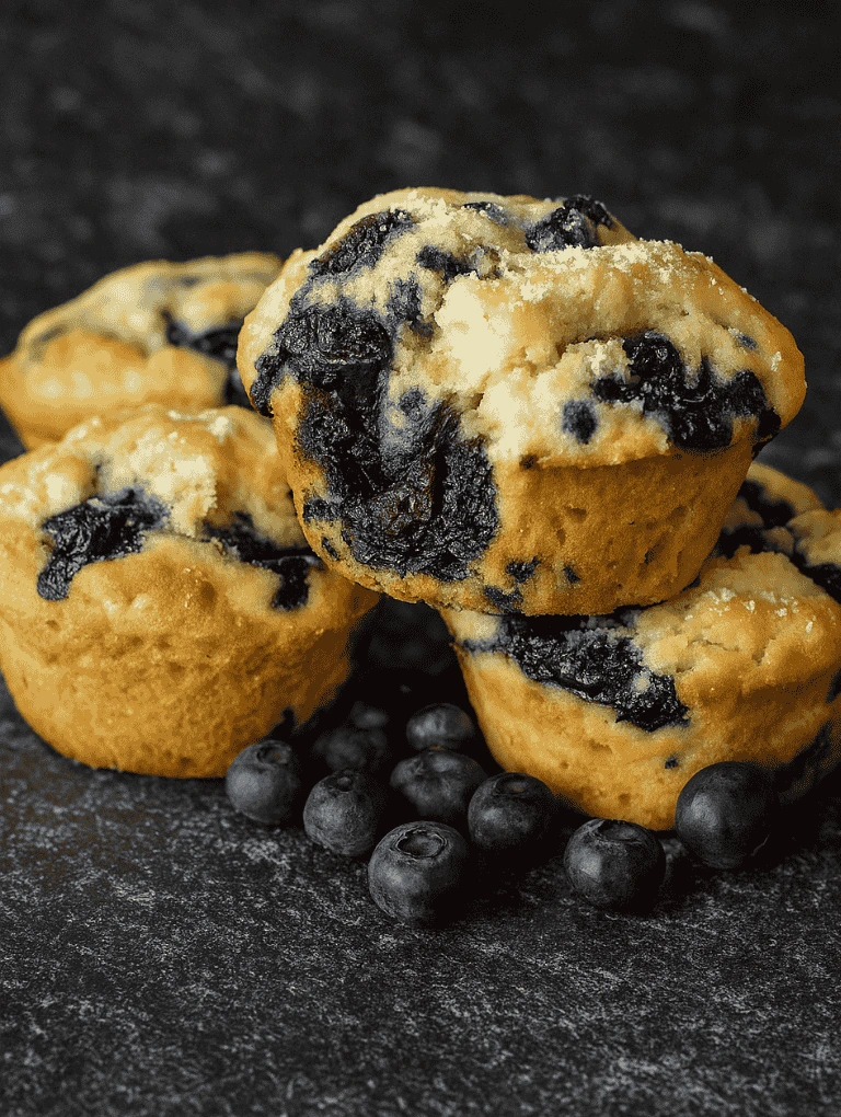 Blueberry muffins served on a plate with fresh berries