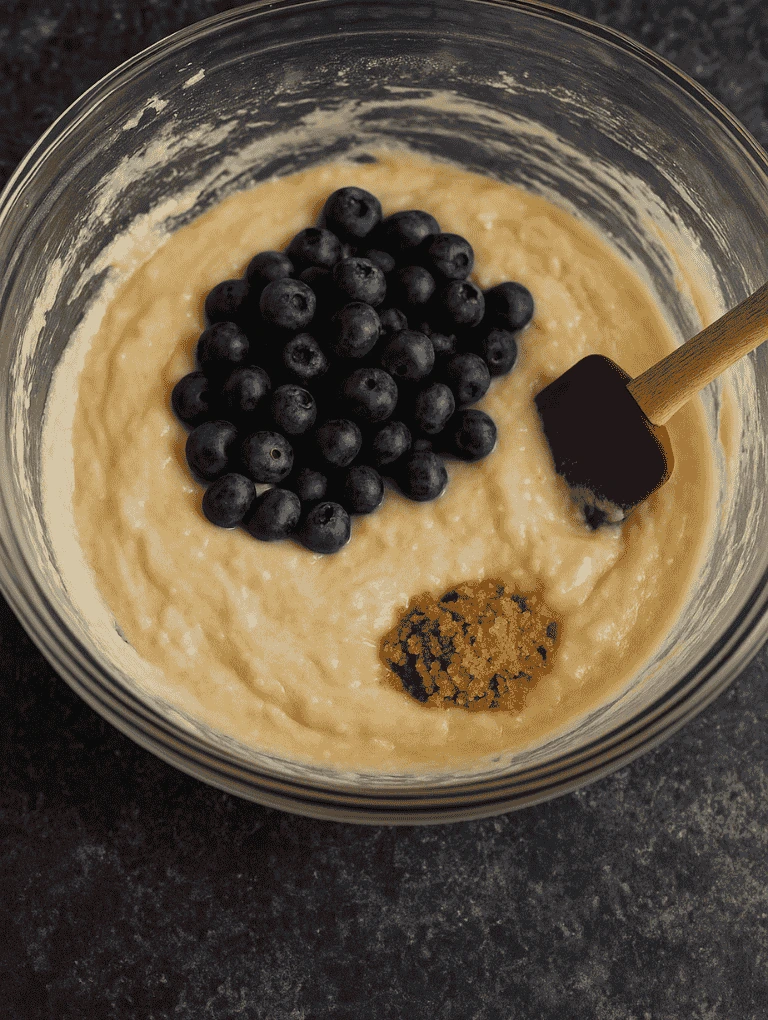 Muffin batter topped with fresh blueberries and brown sugar
