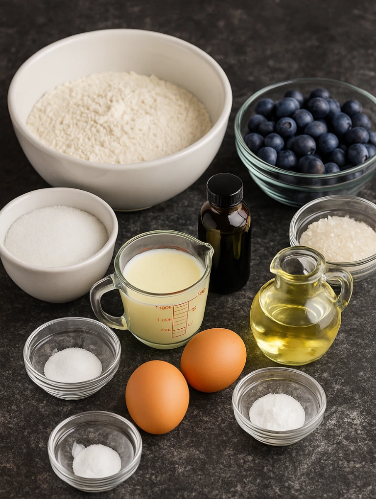 All ingredients for blueberry buttermilk muffins arranged neatly on a dark countertop.