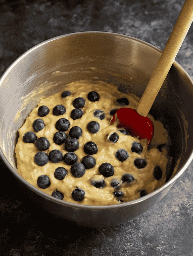 Fresh blueberries sitting on top of muffin batter in a metal bowl with a red spatula.