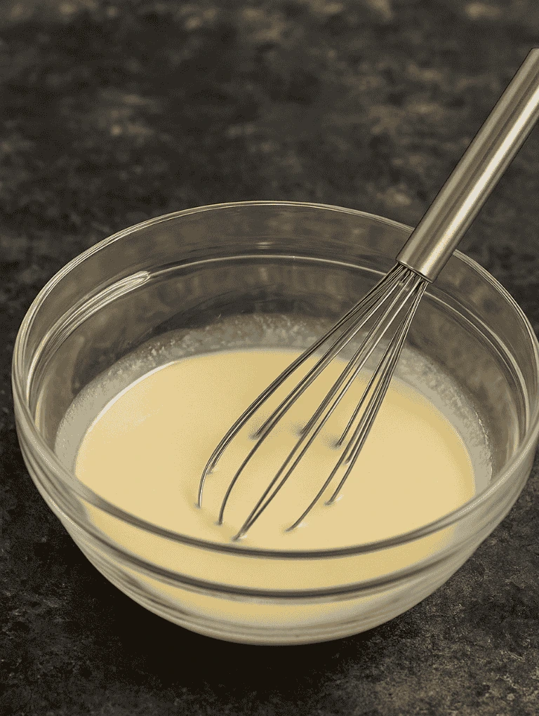 Pale yellow wet mixture being whisked in a glass bowl on a granite surface.