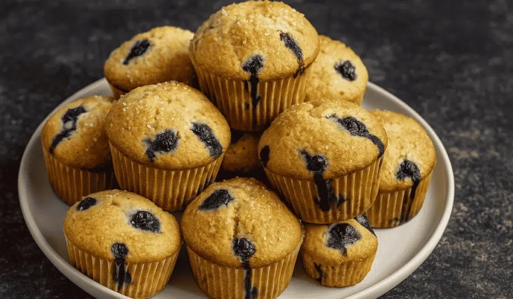 Freshly baked blueberry buttermilk muffins stacked on a white plate over a dark countertop.