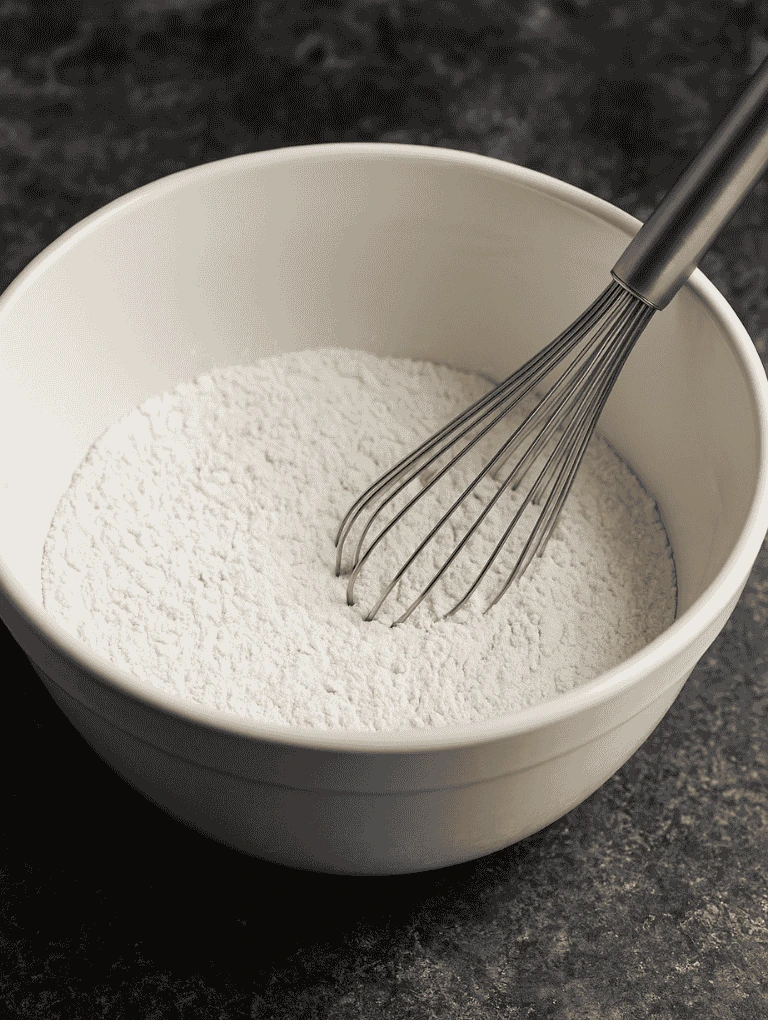 A ceramic bowl filled with flour and a metal whisk on a dark stone counter.