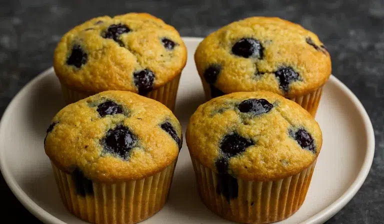 Four golden blueberry cornmeal muffins on a white ceramic plate set on a dark granite countertop.