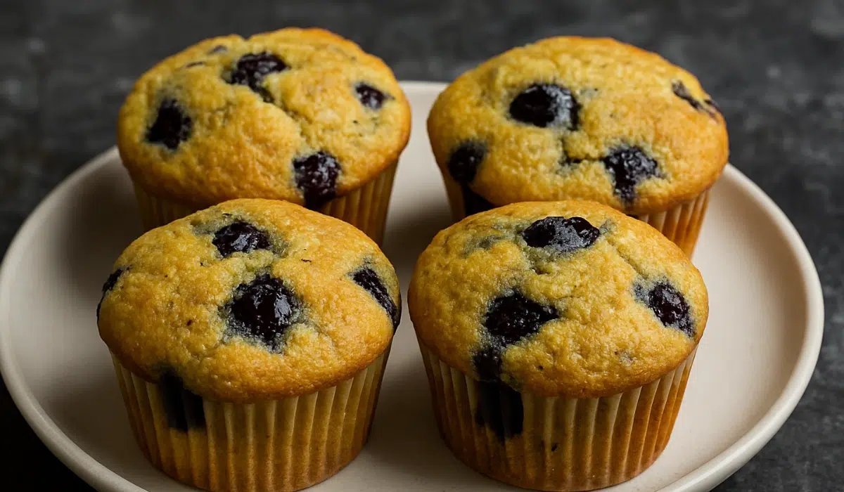 Four golden blueberry cornmeal muffins on a white ceramic plate set on a dark granite countertop.