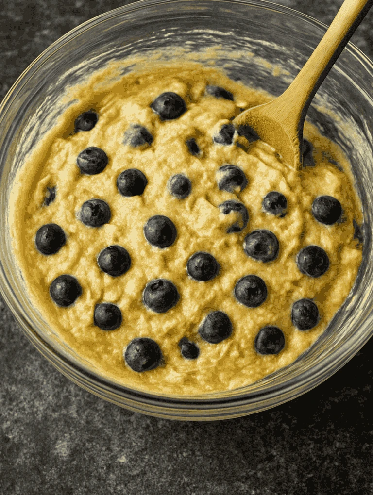 Blueberry muffin batter in a glass bowl with a wooden spoon on a granite countertop.