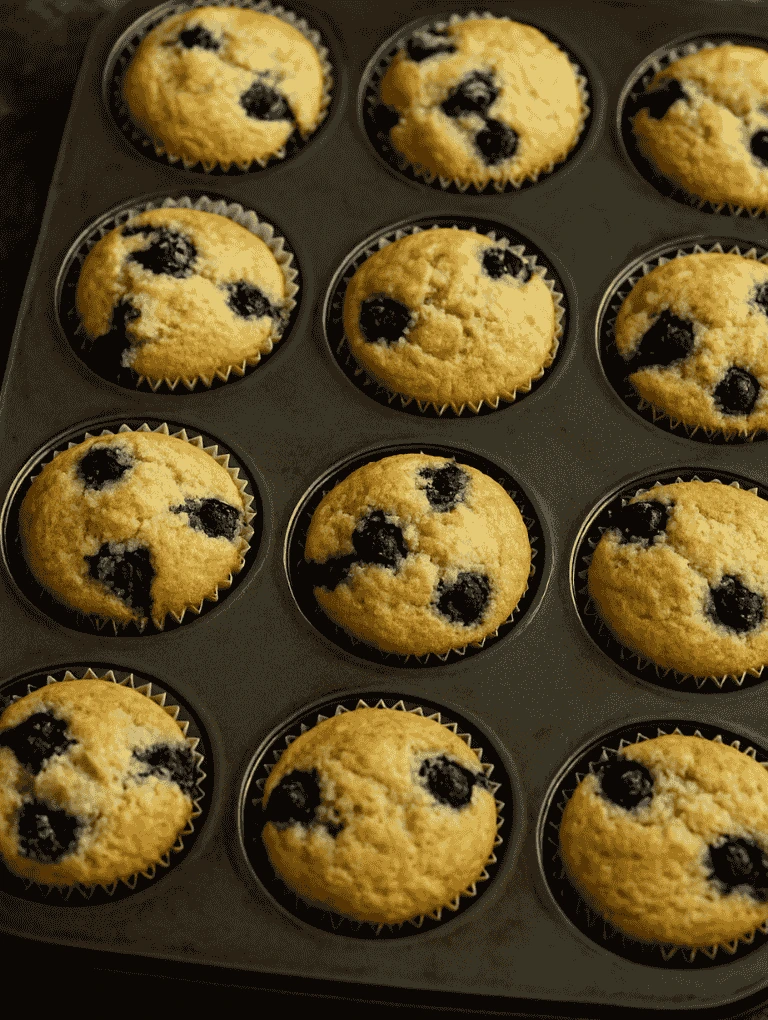 Freshly baked blueberry cornmeal muffins cooling in a muffin tin.