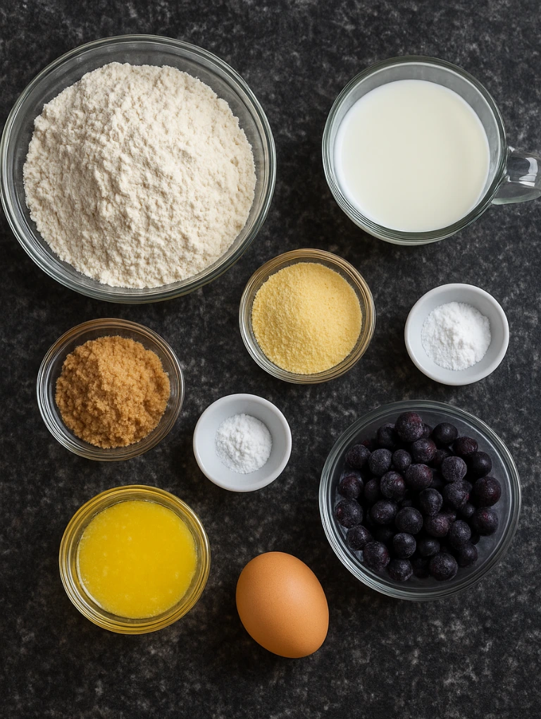 Measured baking ingredients for blueberry cornmeal muffins arranged in glass and ceramic bowls on a dark countertop.