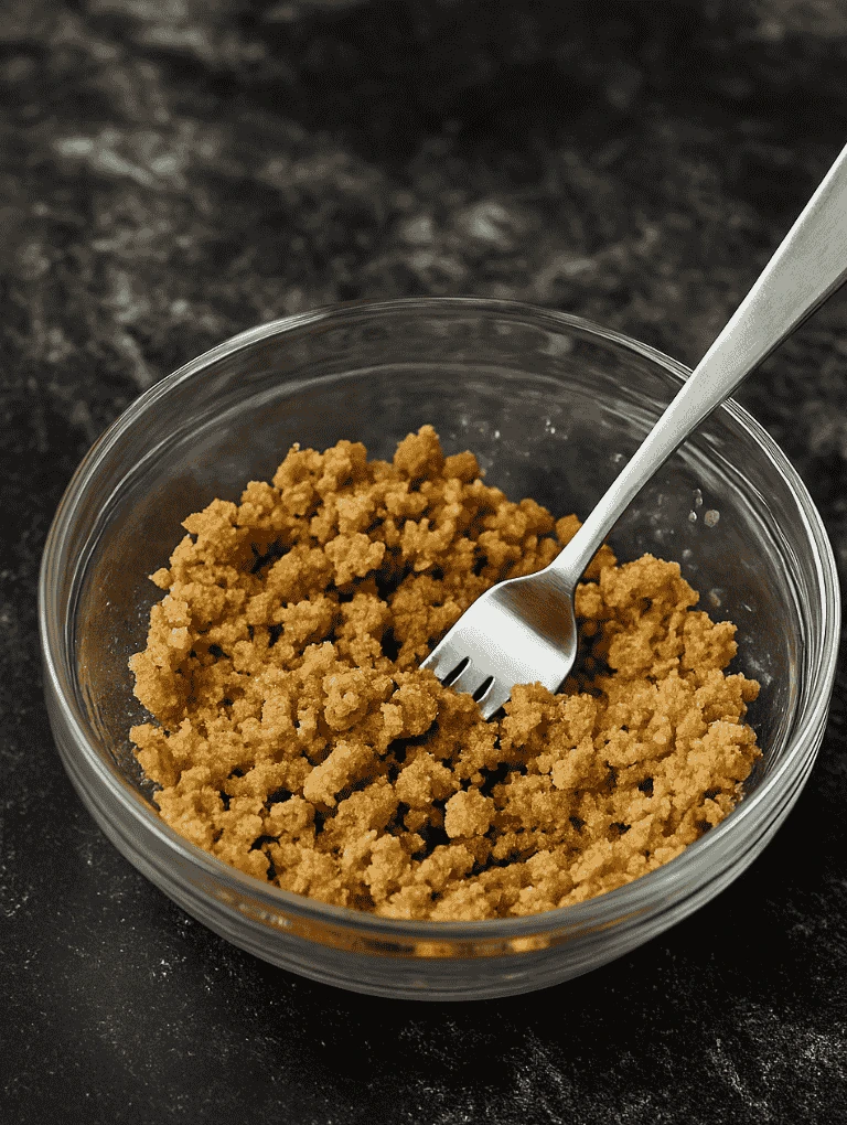 A small glass bowl of flour, sugar, cinnamon, and melted butter being combined with a fork to form a crumbly streusel mixture.