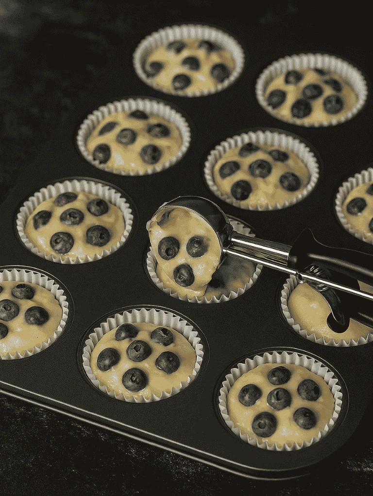 A muffin tray filled with batter in each cup, some slightly heaped, ready for baking.