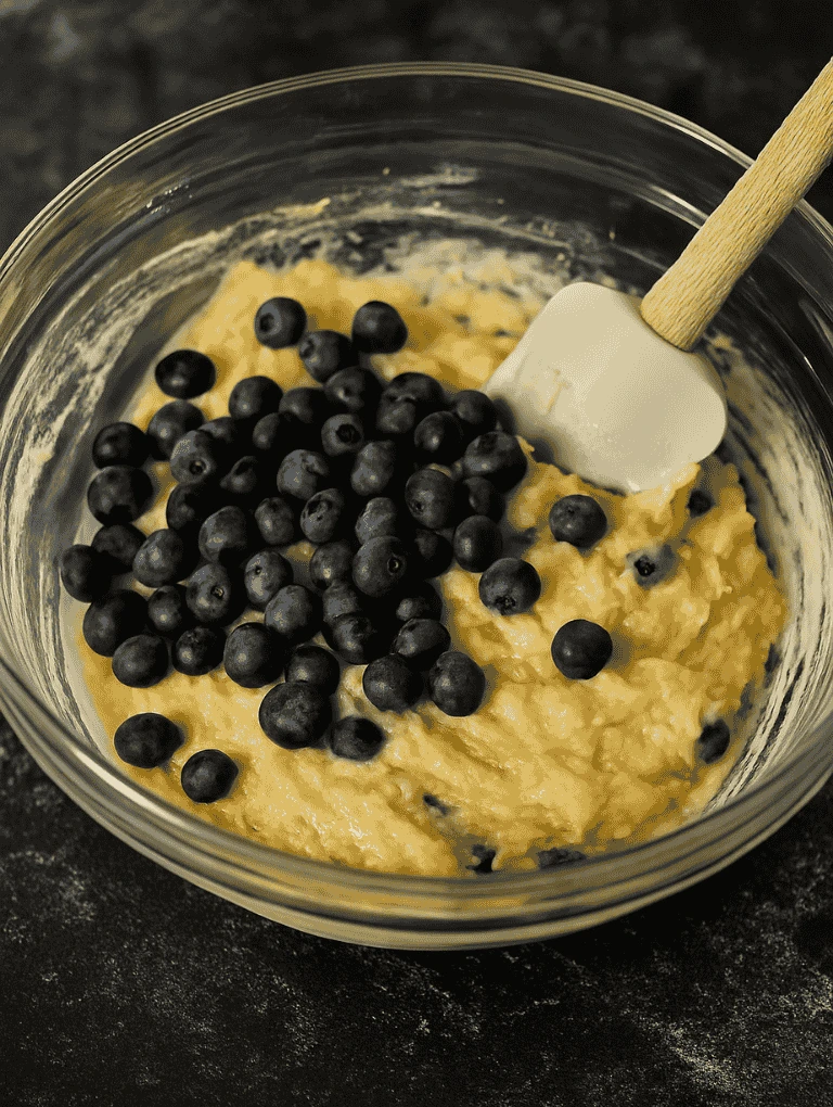 Blueberries being gently folded into muffin batter with a spatula in a glass bowl on a dark countertop.