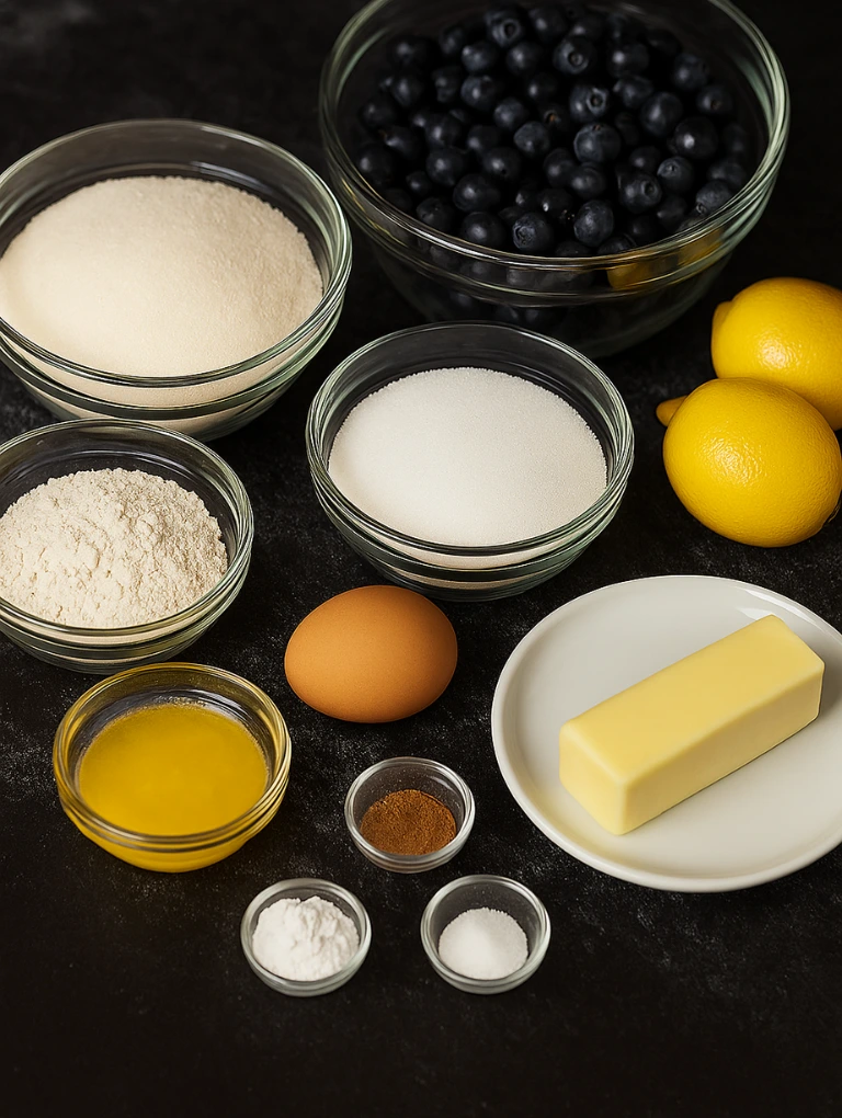 All baking ingredients for Blueberry Crumble Muffins Recipe including flour, sugar, cinnamon, lemons, egg, butter, and blueberries arranged neatly in bowls on a dark countertop.