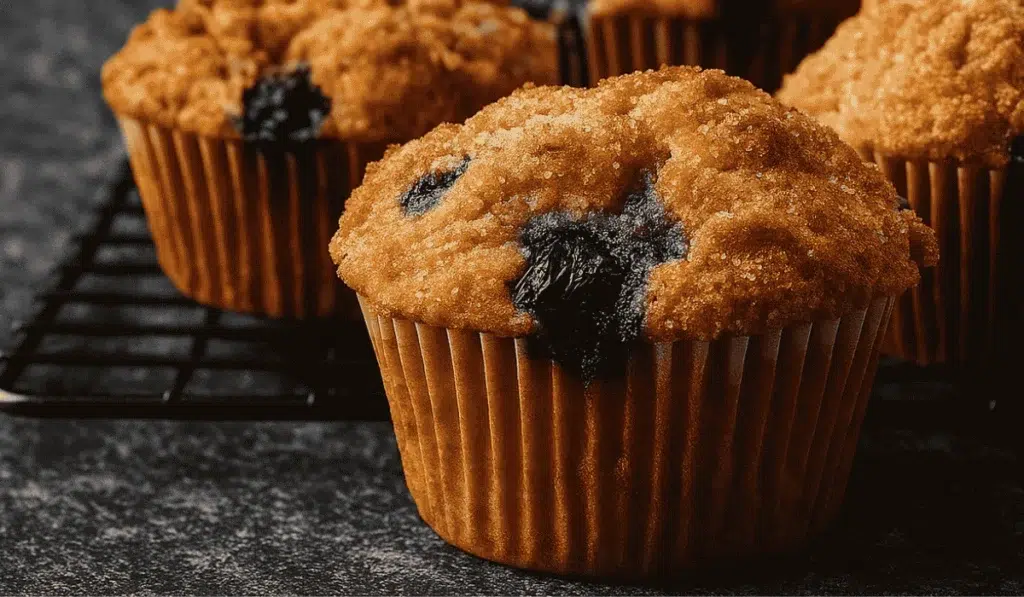 Freshly baked Blueberry Muffins Recipe with golden tops on dark stone surface