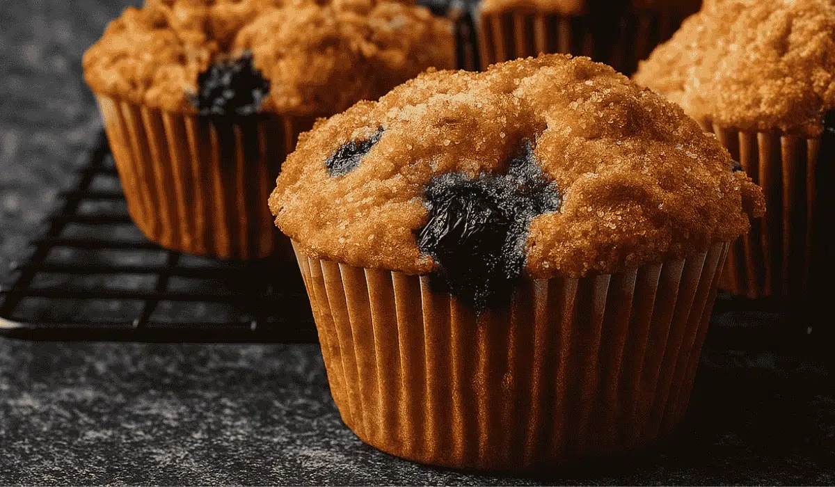 Freshly baked Blueberry Muffins Recipe with golden tops on dark stone surface