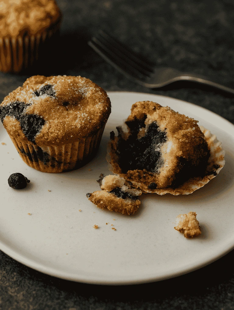 Golden brown blueberry muffin with a crumb topping on a gray countertop