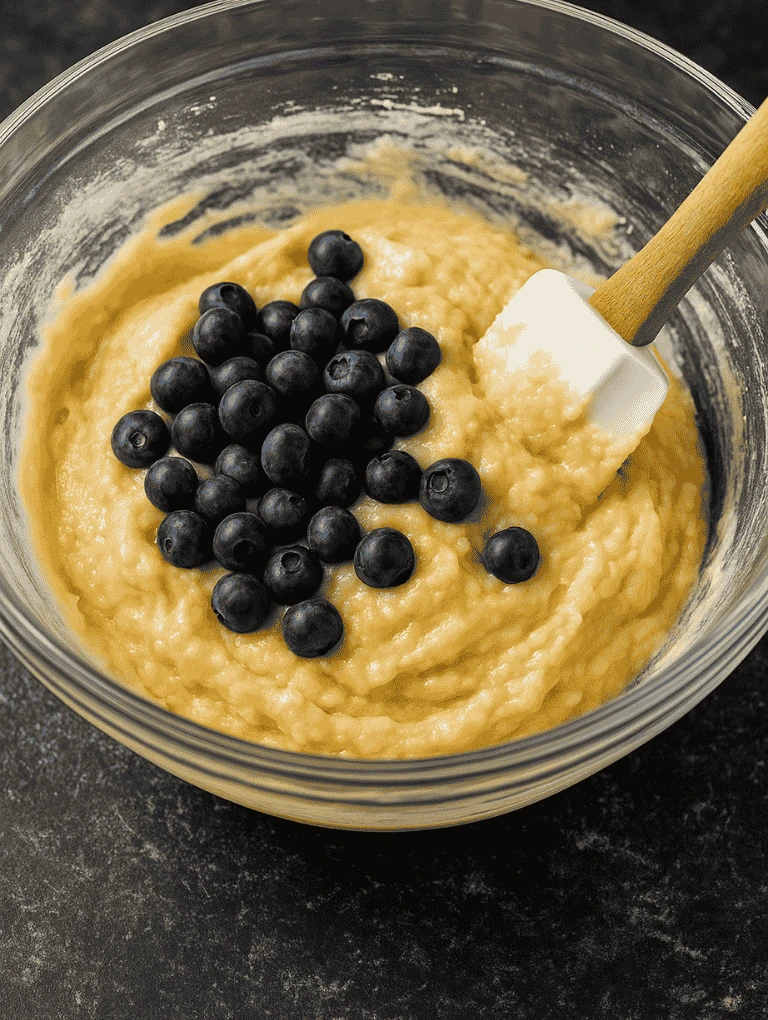 Blueberries folded into muffin batter in a clear bowl