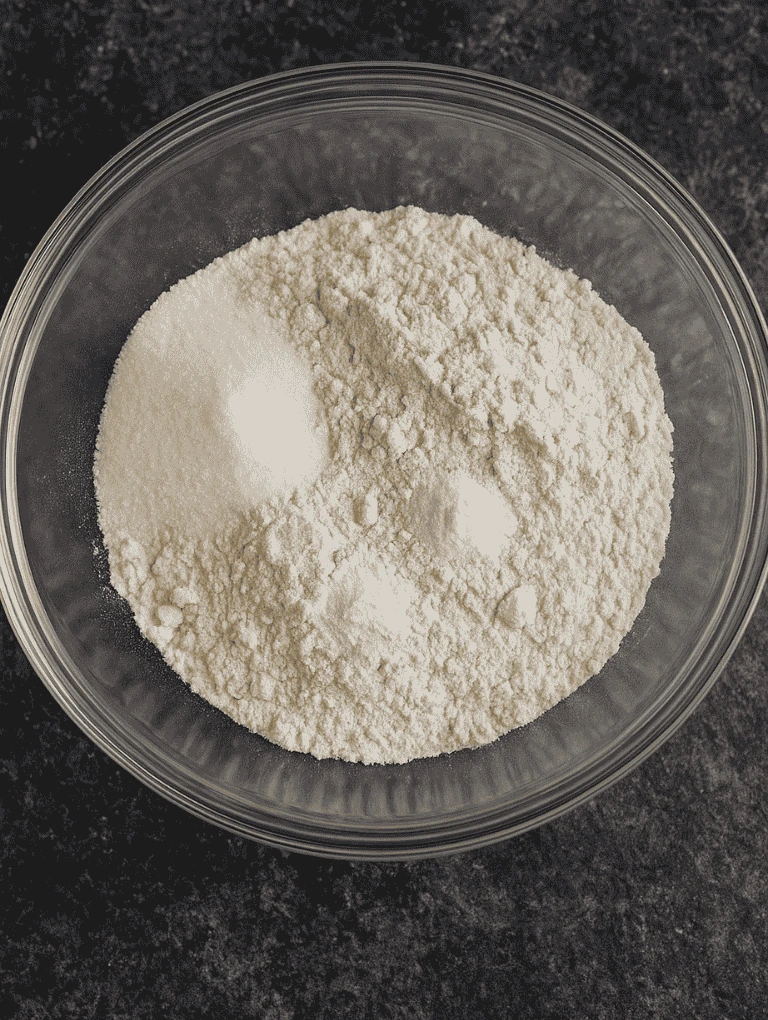 Dry muffin ingredients in a glass mixing bowl