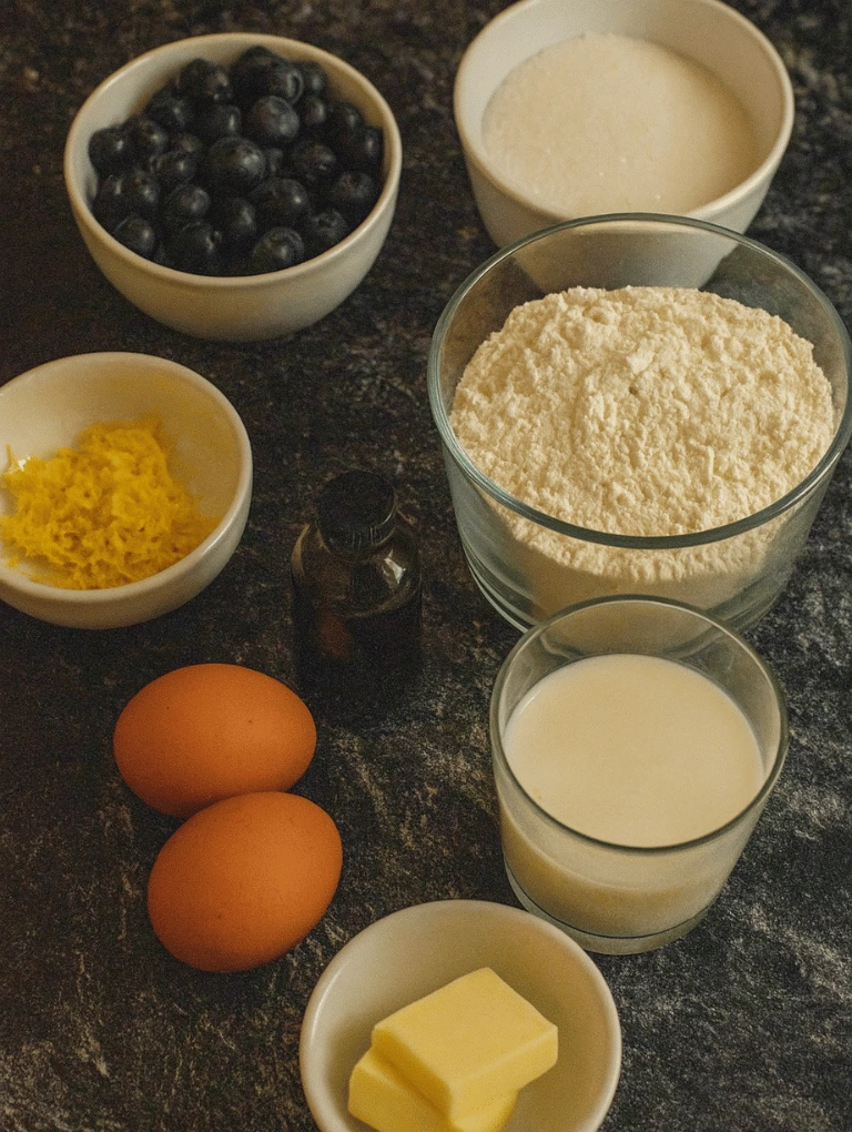 Baking ingredients for blueberry swirl muffins on dark stone counter with blueberries flour sugar lemon zest eggs butter and buttermilk.