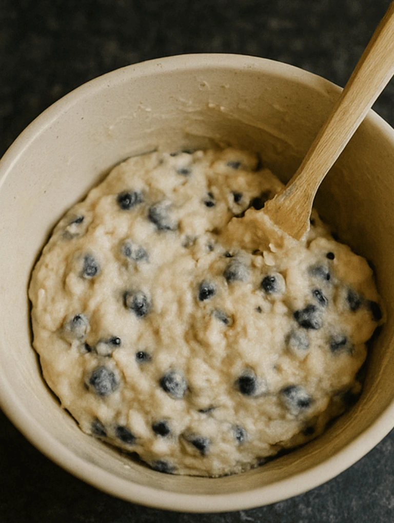 Thick muffin batter studded with blueberries in a mixing bowl.