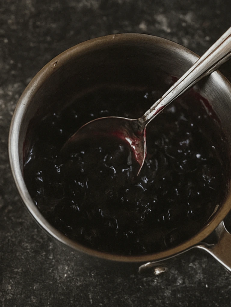Jammy cooked blueberries in a small saucepan with spoon.