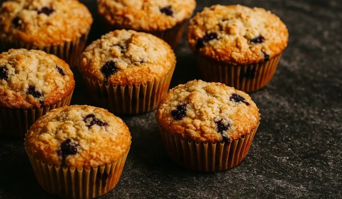 Batch of blueberry muffins on countertop with rustic appeal