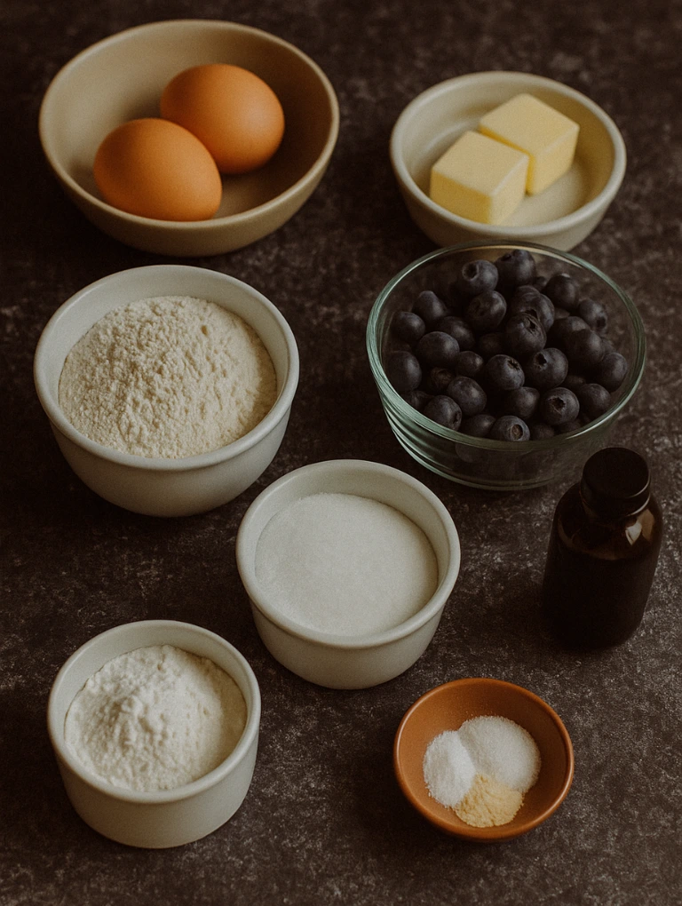 Simple ingredients for blueberry muffins on dark countertop