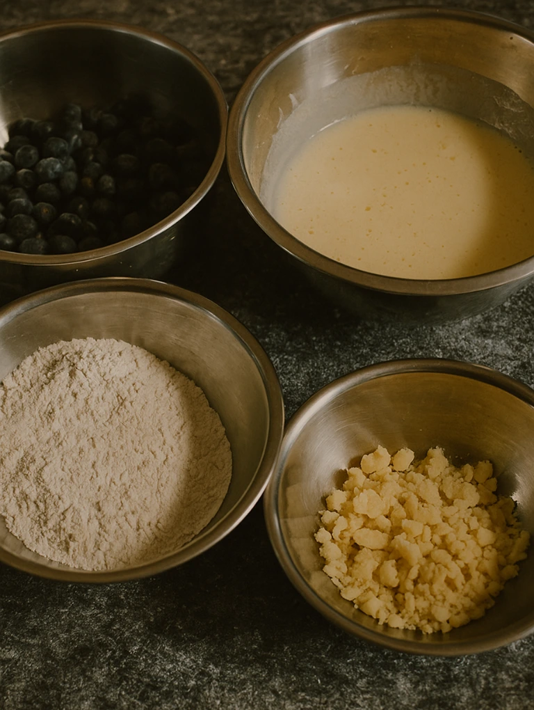 Dry and wet ingredients in separate mixing bowls on a dark countertop