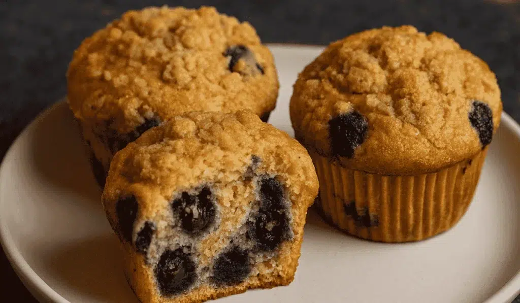 Freshly baked Einkorn Blueberry Muffins Recipe on a ceramic plate with streusel topping.