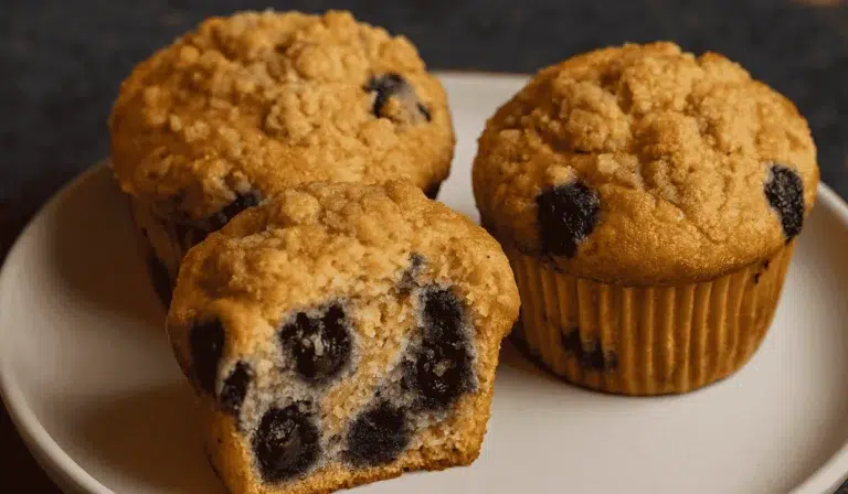 Freshly baked Einkorn Blueberry Muffins Recipe on a ceramic plate with streusel topping.