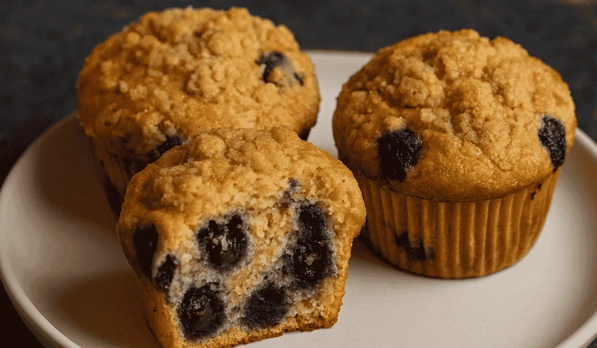 Freshly baked Einkorn Blueberry Muffins Recipe on a ceramic plate with streusel topping.