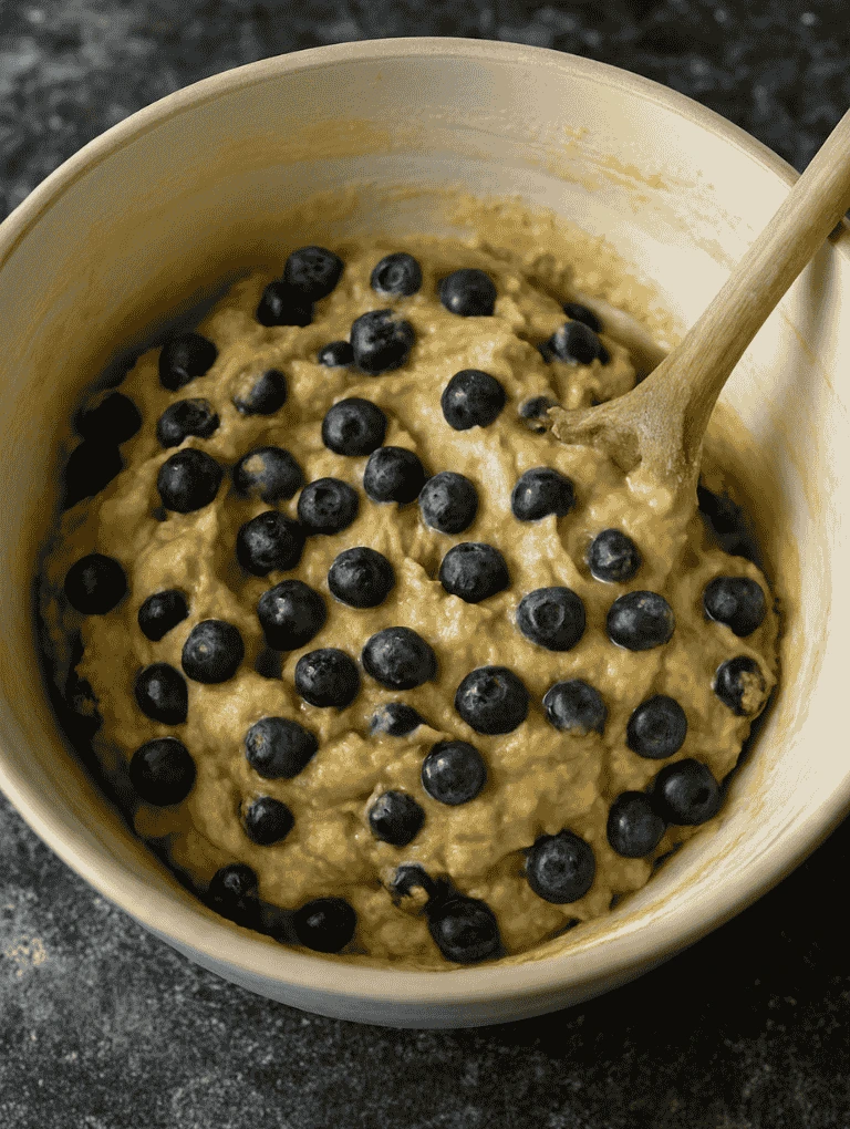 Blueberry muffin batter mixed with fresh blueberries in a bowl.