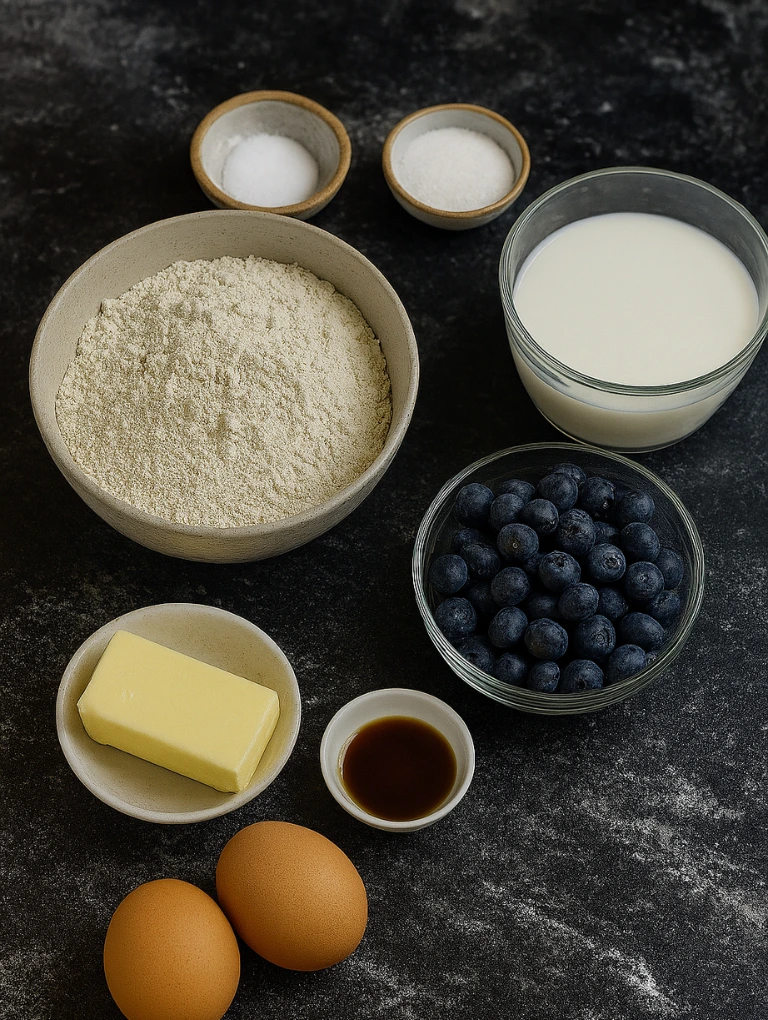 Ingredients for Einkorn Blueberry Muffins Recipe arranged on a dark stone countertop.