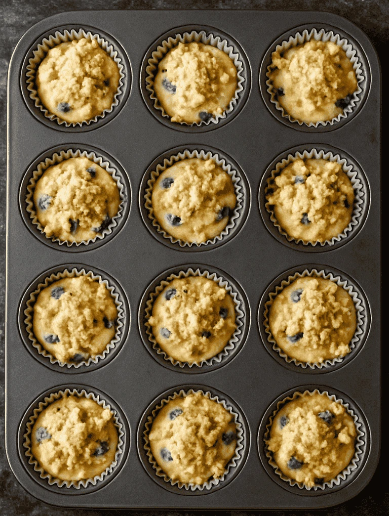 Muffin pan filled with blueberry batter topped with streusel.