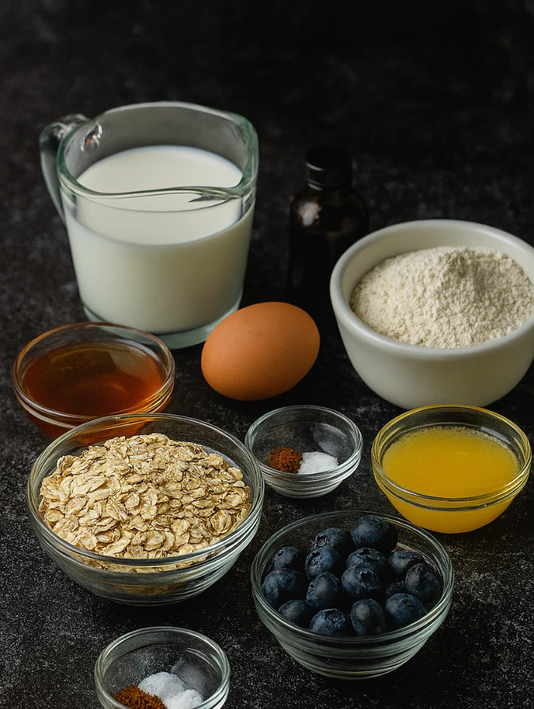 Blueberry muffin ingredients including oats, flour, milk, honey, egg, butter, and blueberries arranged on a dark stone countertop.