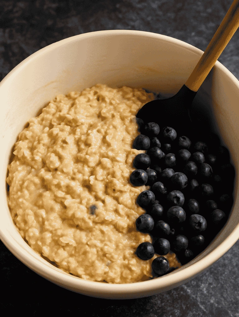 Blueberry muffin batter with oats and fresh blueberries in a mixing bowl with a spatula on a dark countertop.