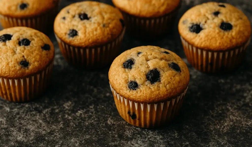 Freshly baked Jiffy blueberry muffin copycat on a dark countertop