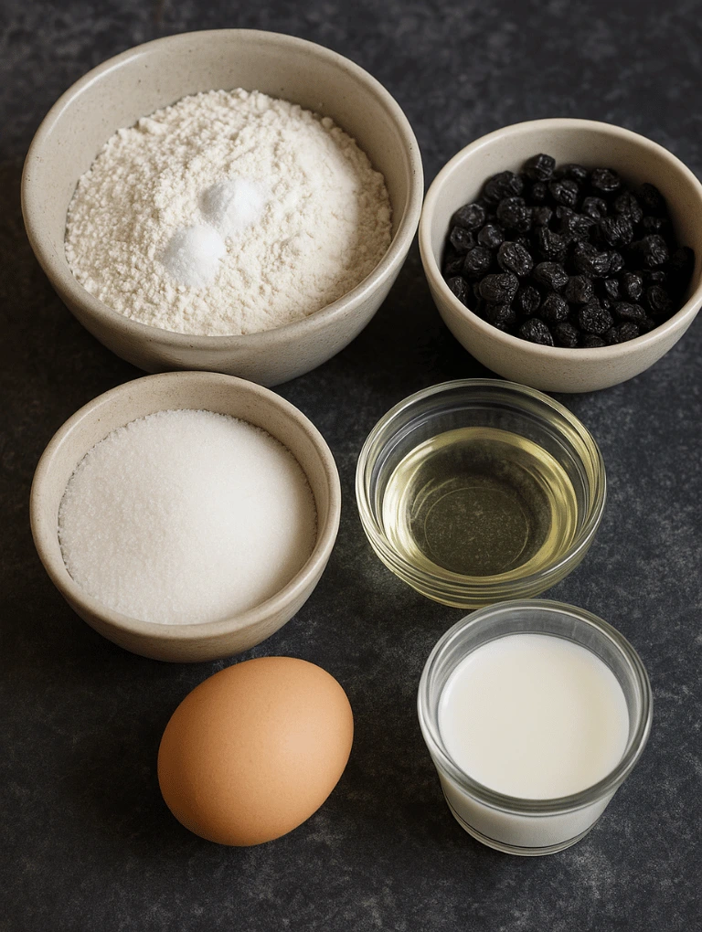 Ingredients for Jiffy blueberry muffin copycat recipe laid out on a dark stone countertop